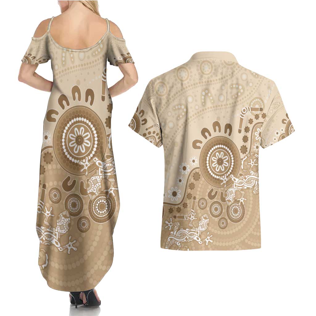 Beige Lizards Australia Couples Matching Summer Maxi Dress and Hawaiian Shirt Boomerang Indigenous Art - Aussie Hoodie