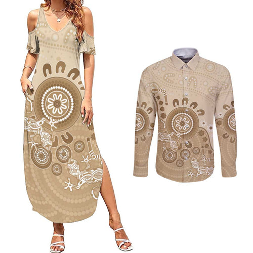 Beige Lizards Australia Couples Matching Summer Maxi Dress and Long Sleeve Button Shirt Boomerang Indigenous Art - Aussie Hoodie