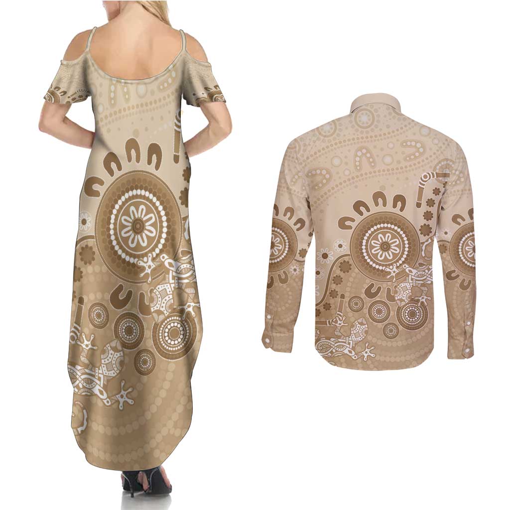 Beige Lizards Australia Couples Matching Summer Maxi Dress and Long Sleeve Button Shirt Boomerang Indigenous Art - Aussie Hoodie