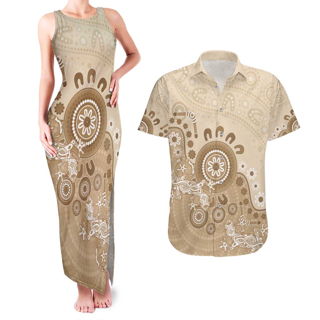 Beige Lizards Australia Couples Matching Tank Maxi Dress and Hawaiian Shirt Boomerang Indigenous Art - Aussie Hoodie