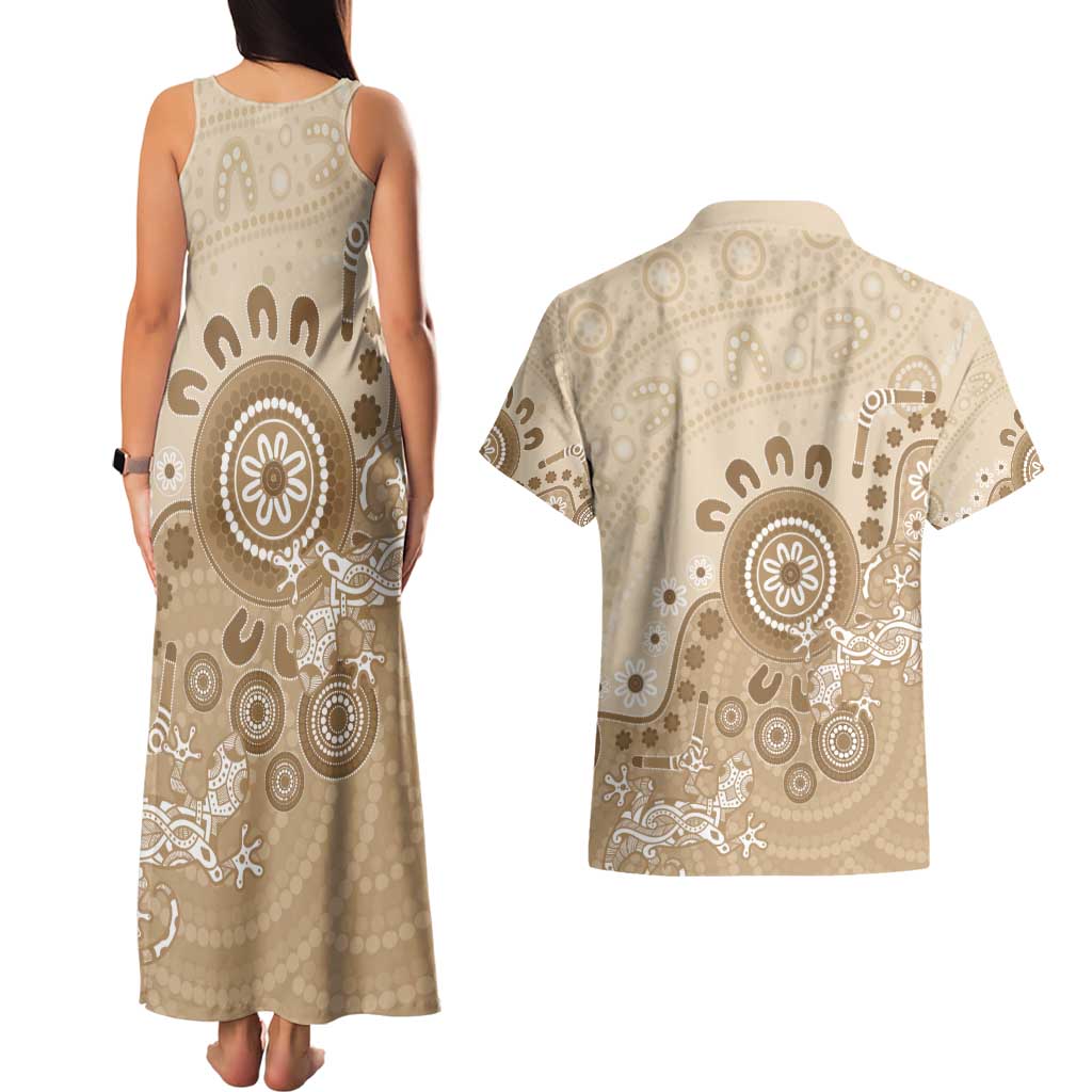 Beige Lizards Australia Couples Matching Tank Maxi Dress and Hawaiian Shirt Boomerang Indigenous Art - Aussie Hoodie