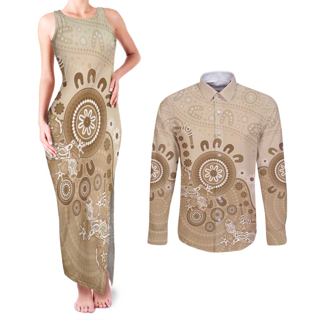 Beige Lizards Australia Couples Matching Tank Maxi Dress and Long Sleeve Button Shirt Boomerang Indigenous Art - Aussie Hoodie