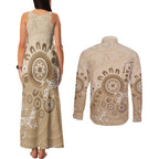 Beige Lizards Australia Couples Matching Tank Maxi Dress and Long Sleeve Button Shirt Boomerang Indigenous Art - Aussie Hoodie