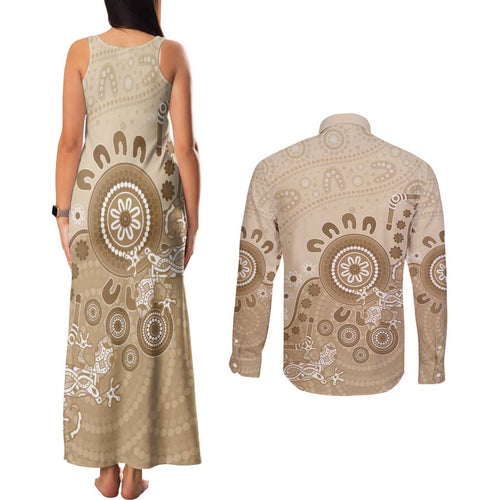 Beige Lizards Australia Couples Matching Tank Maxi Dress and Long Sleeve Button Shirt Boomerang Indigenous Art - Aussie Hoodie