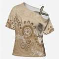 Beige Lizards Australia Cross Shoulder Shirt Boomerang Indigenous Art - Aussie Hoodie