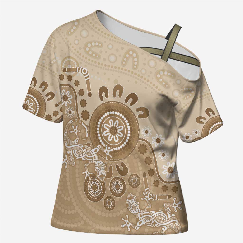 Beige Lizards Australia Cross Shoulder Shirt Boomerang Indigenous Art - Aussie Hoodie