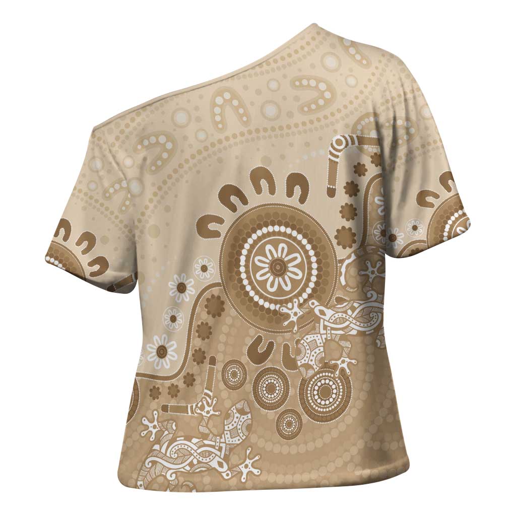 Beige Lizards Australia Cross Shoulder Shirt Boomerang Indigenous Art - Aussie Hoodie