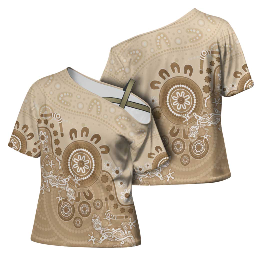 Beige Lizards Australia Cross Shoulder Shirt Boomerang Indigenous Art - Aussie Hoodie