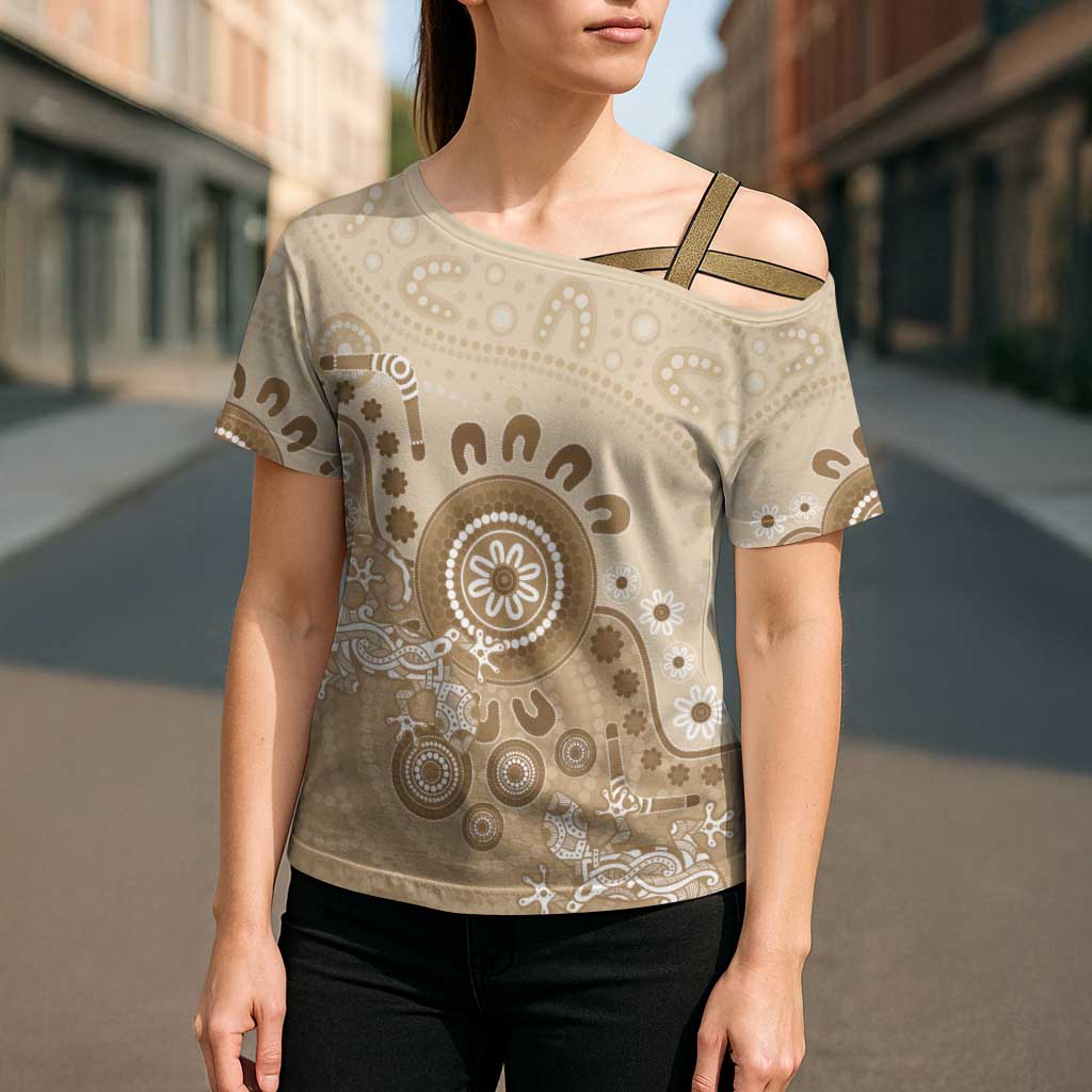 Beige Lizards Australia Cross Shoulder Shirt Boomerang Indigenous Art - Aussie Hoodie