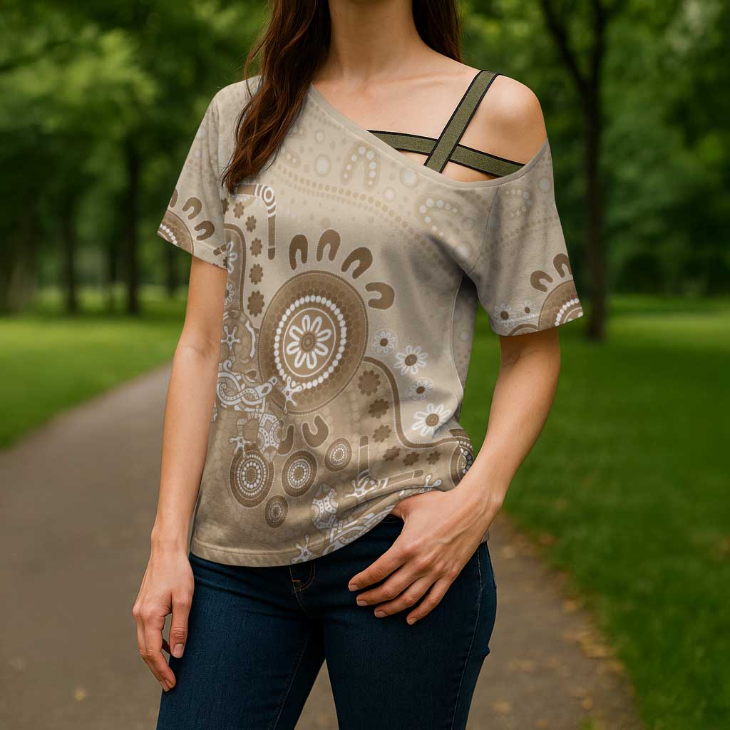 Beige Lizards Australia Cross Shoulder Shirt Boomerang Indigenous Art - Aussie Hoodie