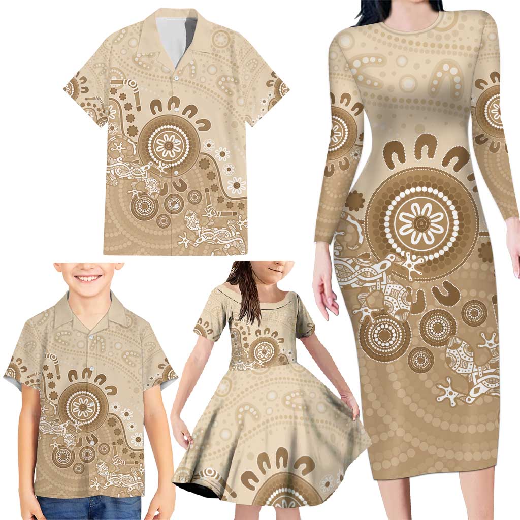 Beige Lizards Australia Family Matching Long Sleeve Bodycon Dress and Hawaiian Shirt Boomerang Indigenous Art - Aussie Hoodie