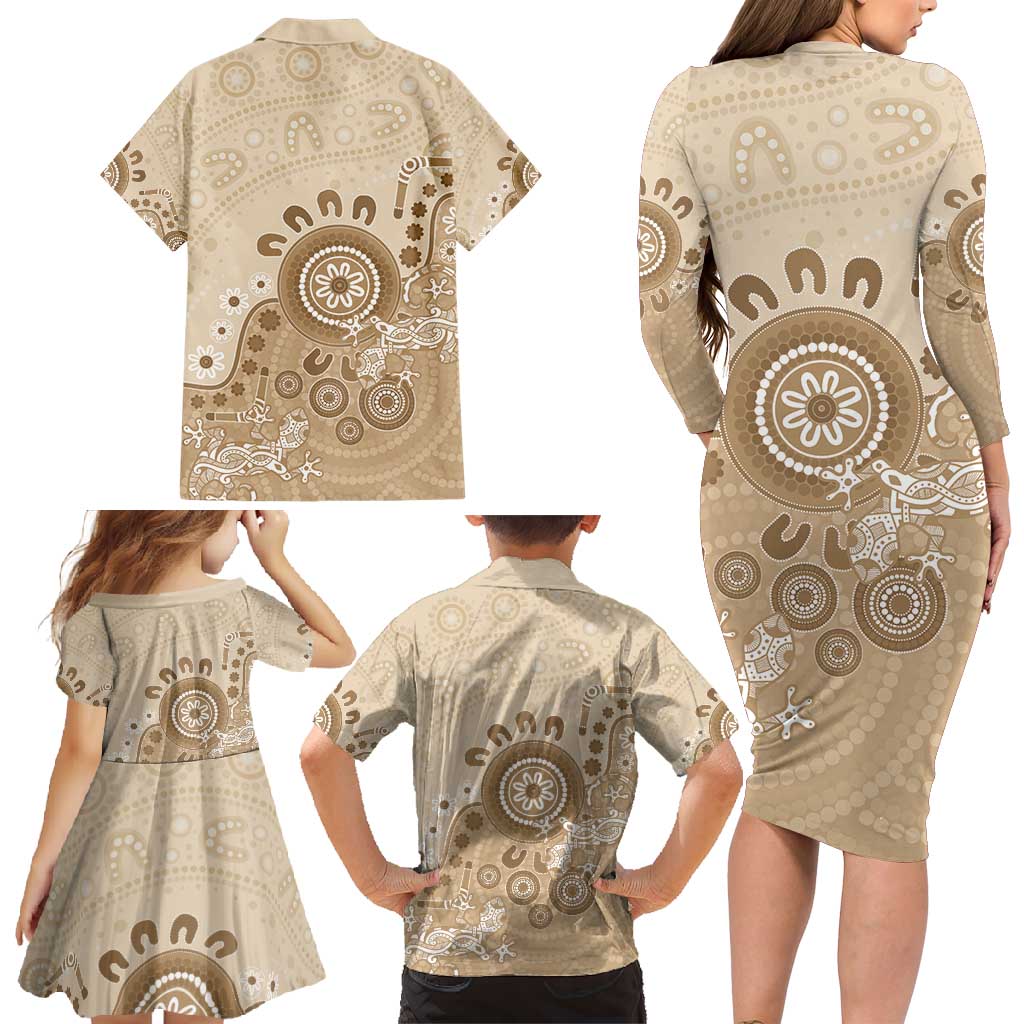 Beige Lizards Australia Family Matching Long Sleeve Bodycon Dress and Hawaiian Shirt Boomerang Indigenous Art - Aussie Hoodie