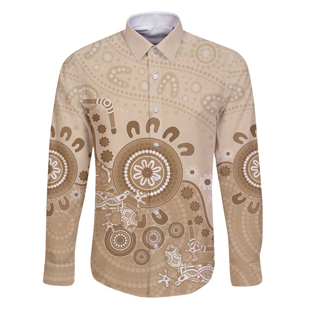 Beige Lizards Australia Family Matching Long Sleeve Bodycon Dress and Hawaiian Shirt Boomerang Indigenous Art - Aussie Hoodie