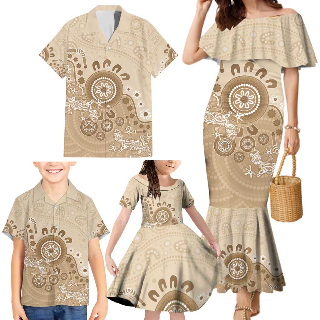 Beige Lizards Australia Family Matching Mermaid Dress and Hawaiian Shirt Boomerang Indigenous Art - Aussie Hoodie