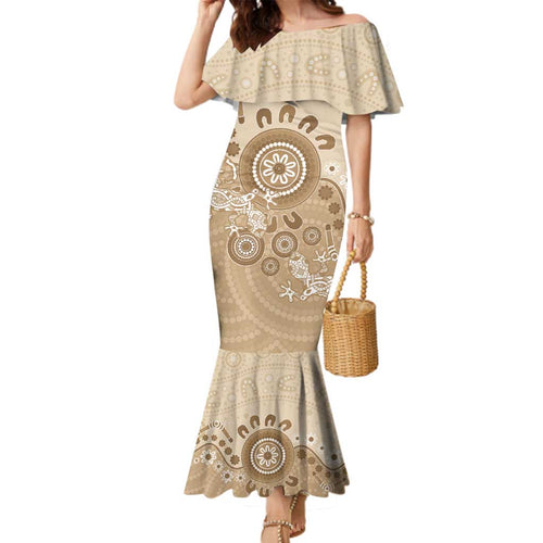 Beige Lizards Australia Family Matching Mermaid Dress and Hawaiian Shirt Boomerang Indigenous Art - Aussie Hoodie