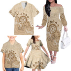 Beige Lizards Australia Family Matching Off The Shoulder Long Sleeve Dress and Hawaiian Shirt Boomerang Indigenous Art - Aussie Hoodie