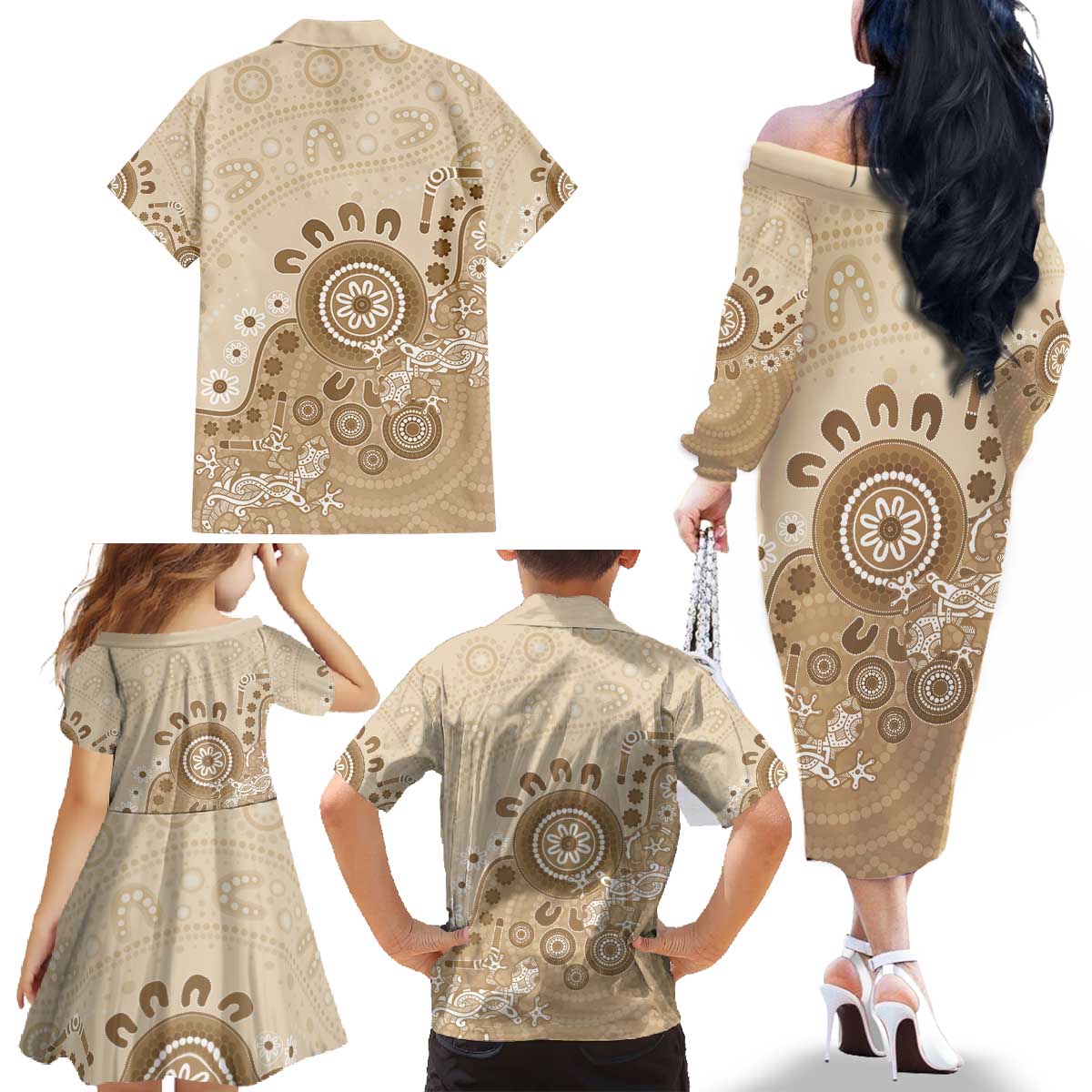 Beige Lizards Australia Family Matching Off The Shoulder Long Sleeve Dress and Hawaiian Shirt Boomerang Indigenous Art - Aussie Hoodie