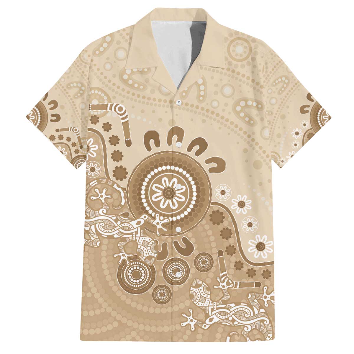 Beige Lizards Australia Family Matching Off The Shoulder Long Sleeve Dress and Hawaiian Shirt Boomerang Indigenous Art - Aussie Hoodie