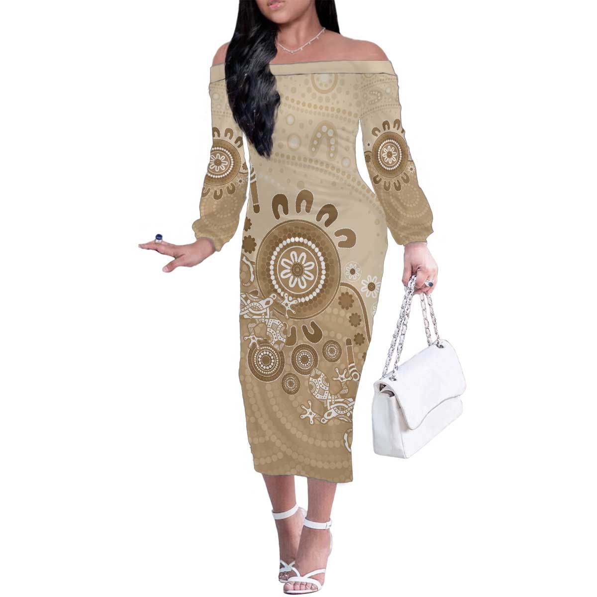 Beige Lizards Australia Family Matching Off The Shoulder Long Sleeve Dress and Hawaiian Shirt Boomerang Indigenous Art - Aussie Hoodie