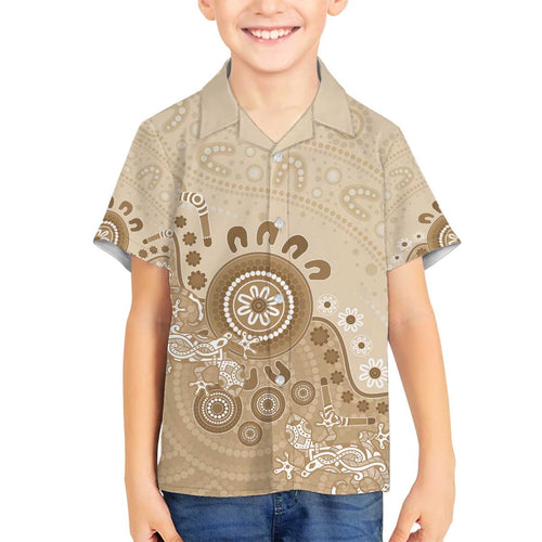 Beige Lizards Australia Family Matching Off The Shoulder Long Sleeve Dress and Hawaiian Shirt Boomerang Indigenous Art - Aussie Hoodie