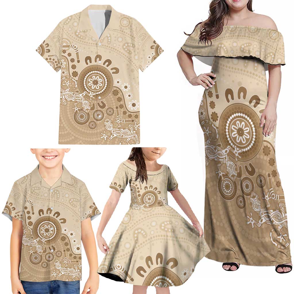 Beige Lizards Australia Family Matching Off Shoulder Maxi Dress and Hawaiian Shirt Boomerang Indigenous Art - Aussie Hoodie