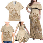 Beige Lizards Australia Family Matching Off Shoulder Maxi Dress and Hawaiian Shirt Boomerang Indigenous Art - Aussie Hoodie
