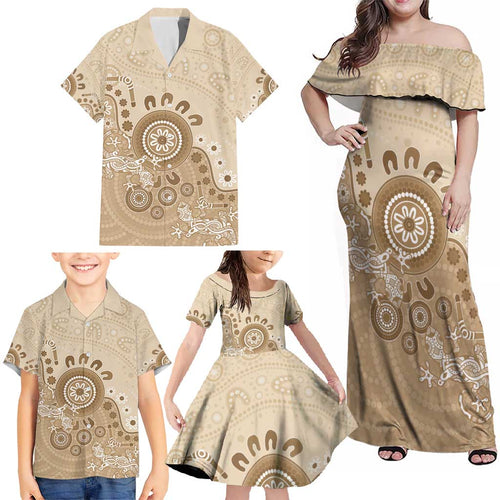 Beige Lizards Australia Family Matching Off Shoulder Maxi Dress and Hawaiian Shirt Boomerang Indigenous Art - Aussie Hoodie