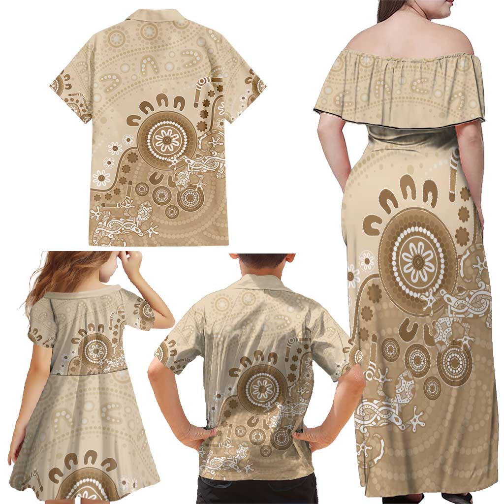 Beige Lizards Australia Family Matching Off Shoulder Maxi Dress and Hawaiian Shirt Boomerang Indigenous Art - Aussie Hoodie