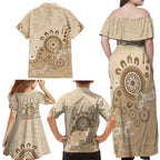 Beige Lizards Australia Family Matching Off Shoulder Maxi Dress and Hawaiian Shirt Boomerang Indigenous Art - Aussie Hoodie