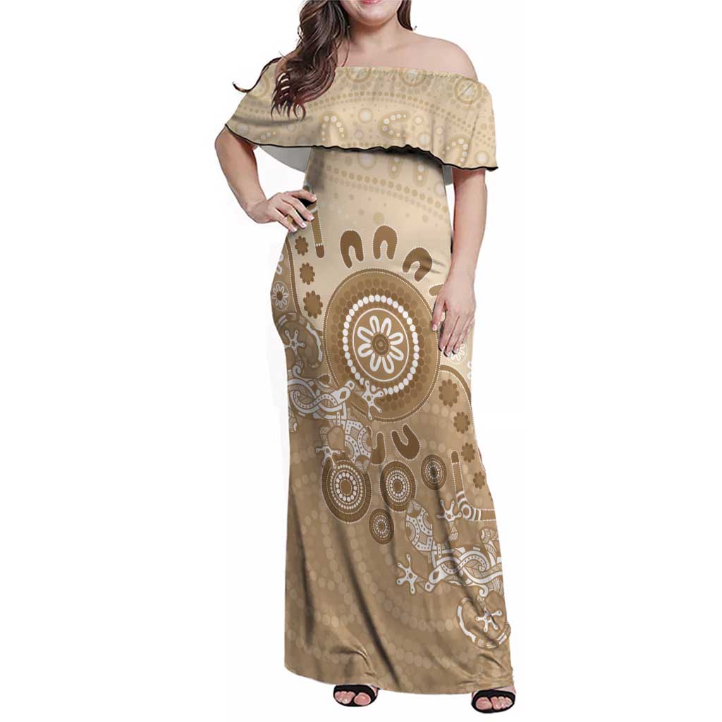 Beige Lizards Australia Family Matching Off Shoulder Maxi Dress and Hawaiian Shirt Boomerang Indigenous Art - Aussie Hoodie