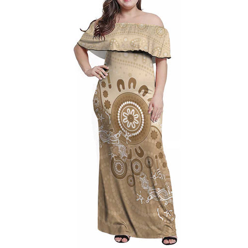Beige Lizards Australia Family Matching Off Shoulder Maxi Dress and Hawaiian Shirt Boomerang Indigenous Art - Aussie Hoodie