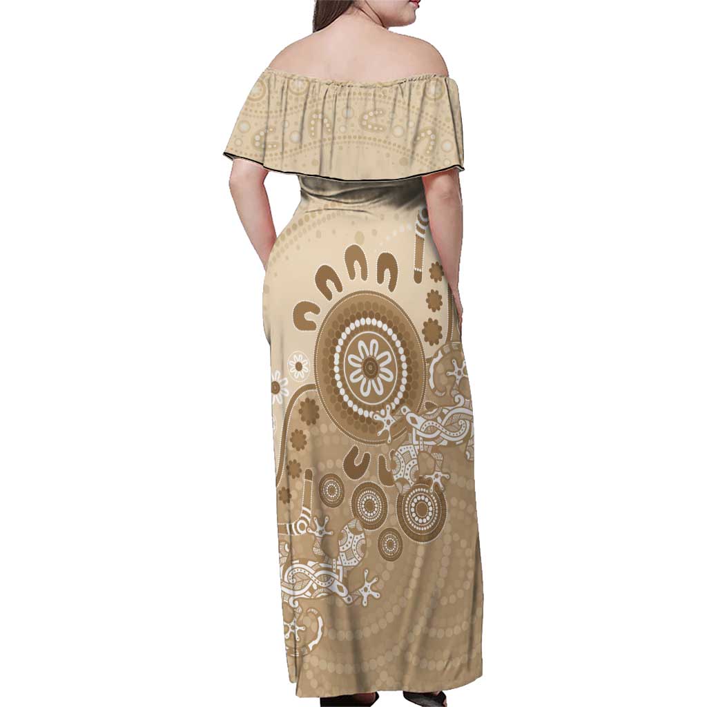 Beige Lizards Australia Family Matching Off Shoulder Maxi Dress and Hawaiian Shirt Boomerang Indigenous Art - Aussie Hoodie
