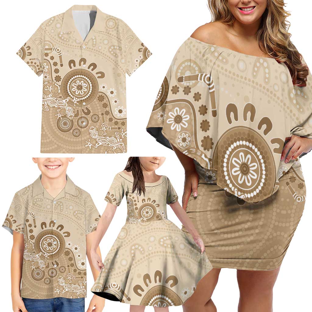Beige Lizards Australia Family Matching Off Shoulder Short Dress and Hawaiian Shirt Boomerang Indigenous Art - Aussie Hoodie