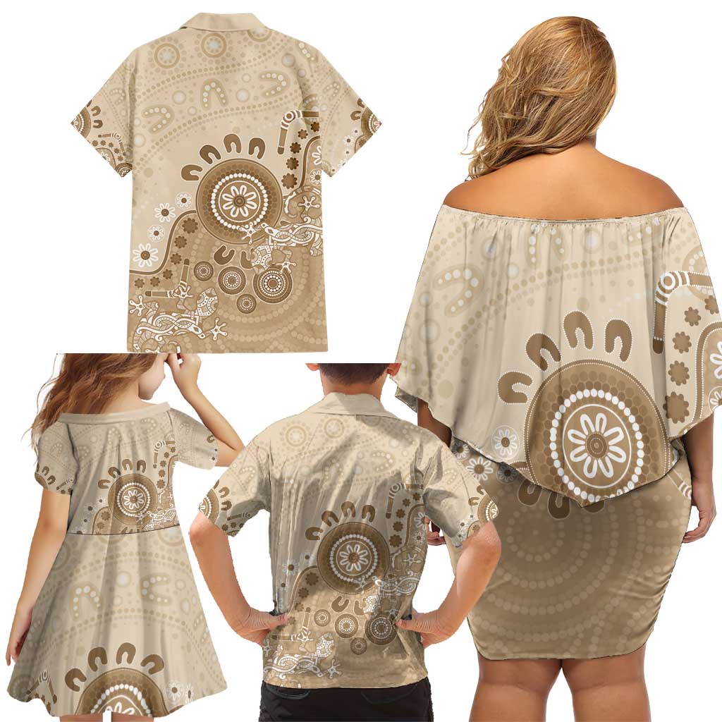 Beige Lizards Australia Family Matching Off Shoulder Short Dress and Hawaiian Shirt Boomerang Indigenous Art - Aussie Hoodie