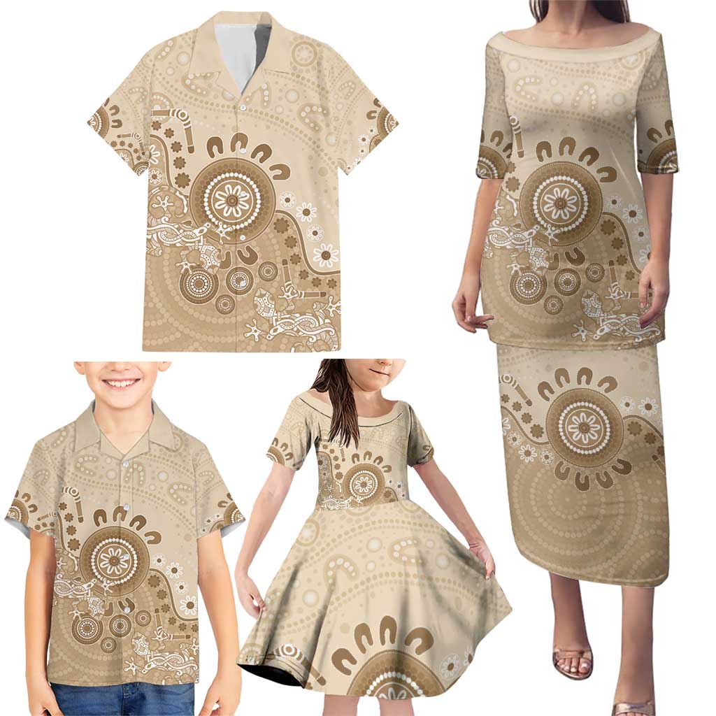 Beige Lizards Australia Family Matching Puletasi and Hawaiian Shirt Boomerang Indigenous Art - Aussie Hoodie