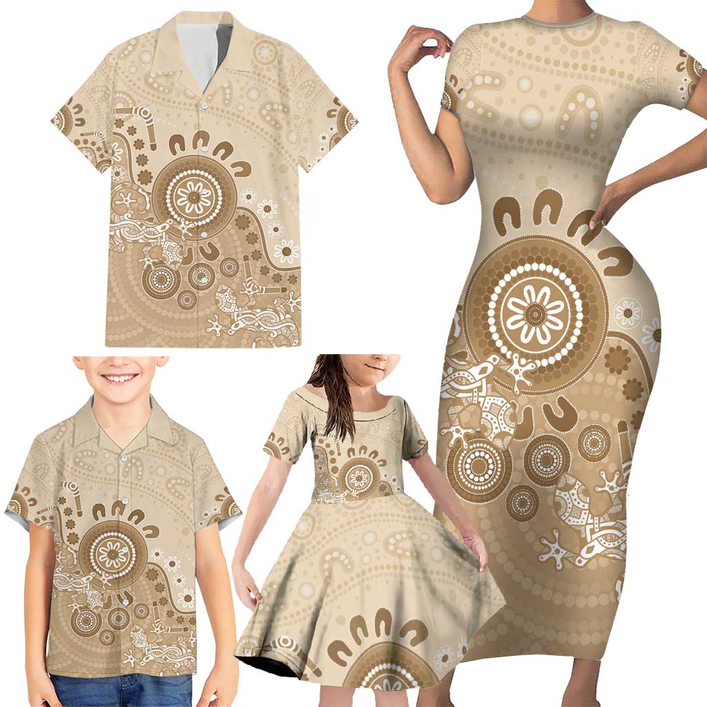 Beige Lizards Australia Family Matching Short Sleeve Bodycon Dress and Hawaiian Shirt Boomerang Indigenous Art - Aussie Hoodie