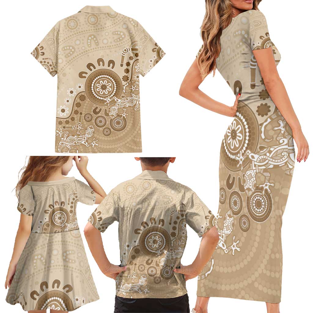 Beige Lizards Australia Family Matching Short Sleeve Bodycon Dress and Hawaiian Shirt Boomerang Indigenous Art - Aussie Hoodie