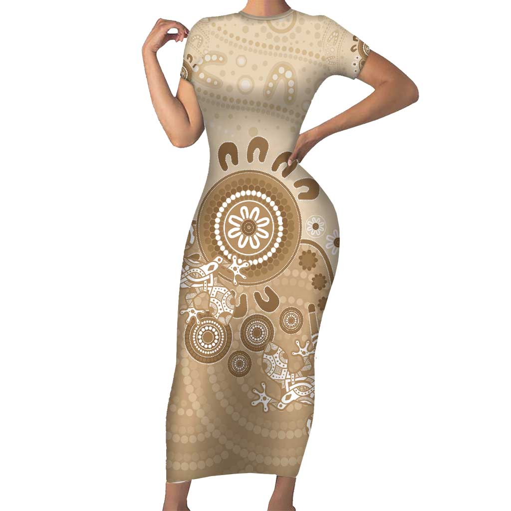 Beige Lizards Australia Family Matching Short Sleeve Bodycon Dress and Hawaiian Shirt Boomerang Indigenous Art - Aussie Hoodie