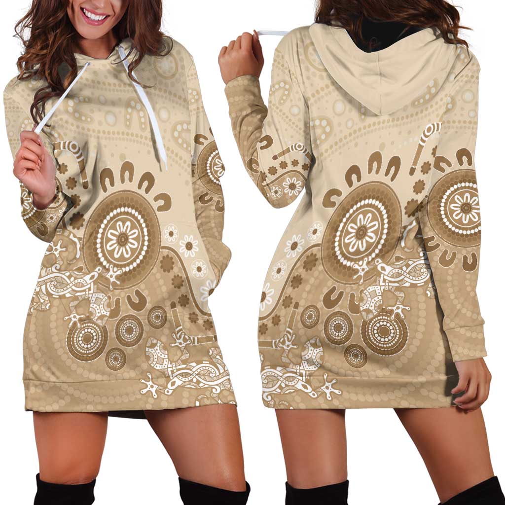 Beige Lizards Australia Hoodie Dress Boomerang Indigenous Art - Aussie Hoodie