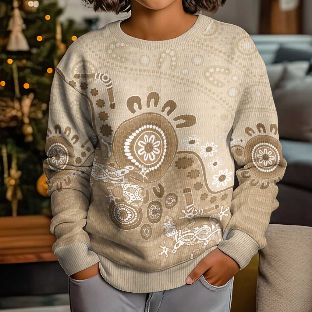 Beige Lizards Australia Kid Ugly Christmas Sweater Boomerang Indigenous Art - Aussie Hoodie