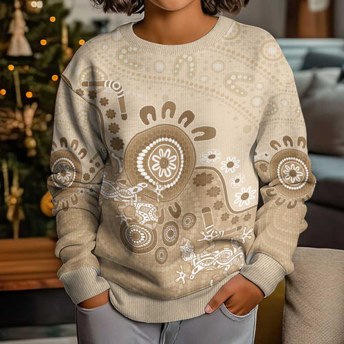 Beige Lizards Australia Kid Ugly Christmas Sweater Boomerang Indigenous Art - Aussie Hoodie