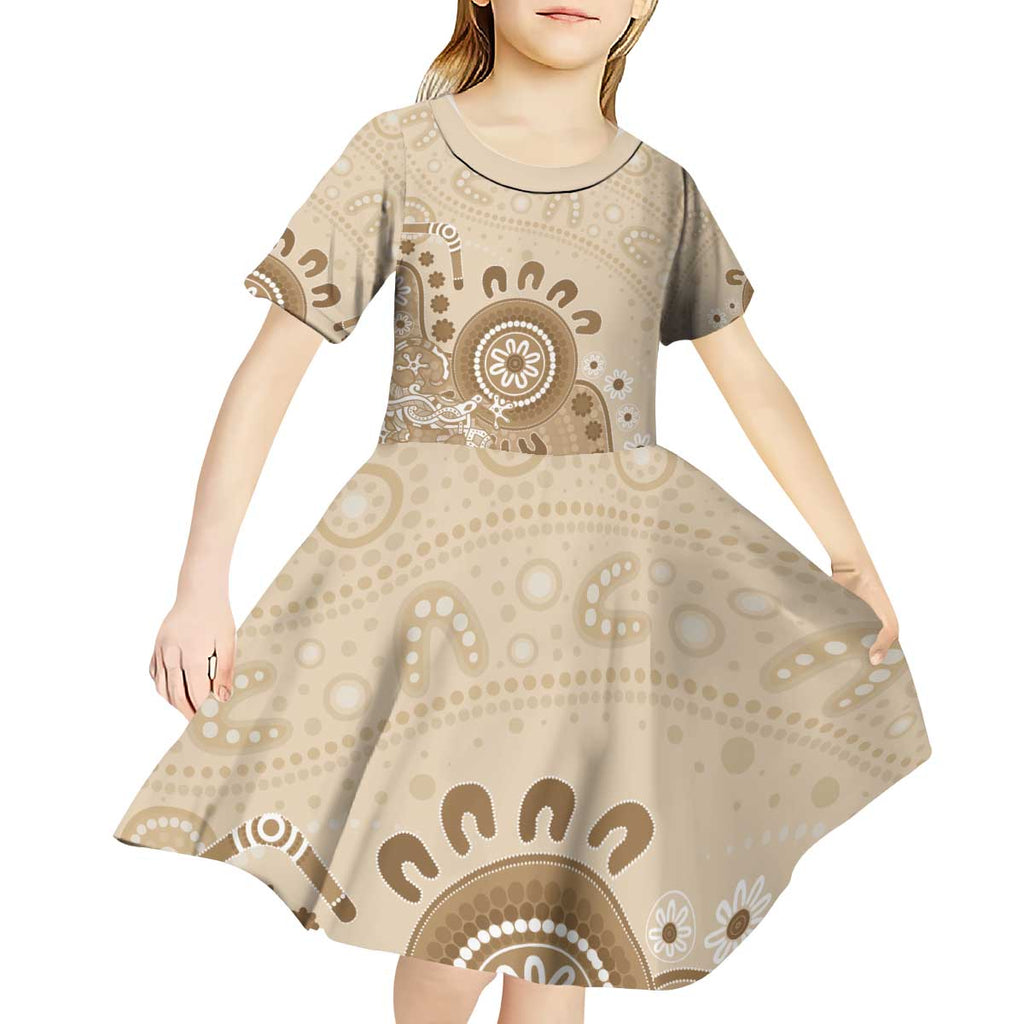 Beige Lizards Australia Kid Short Sleeve Dress Boomerang Indigenous Art - Aussie Hoodie