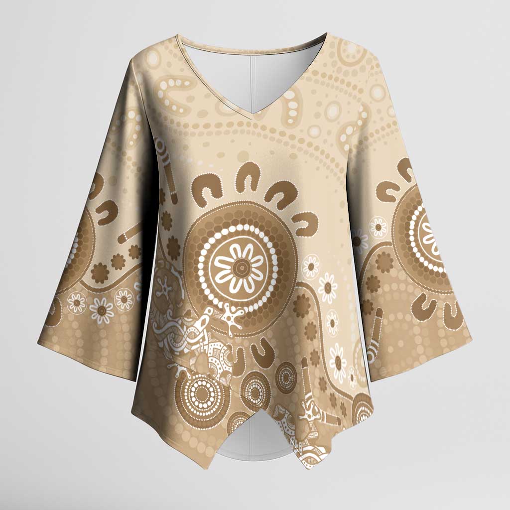 Beige Lizards Australia Kimono Sleeve Blouse Boomerang Indigenous Art - Aussie Hoodie