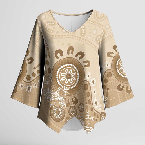Beige Lizards Australia Kimono Sleeve Blouse Boomerang Indigenous Art - Aussie Hoodie