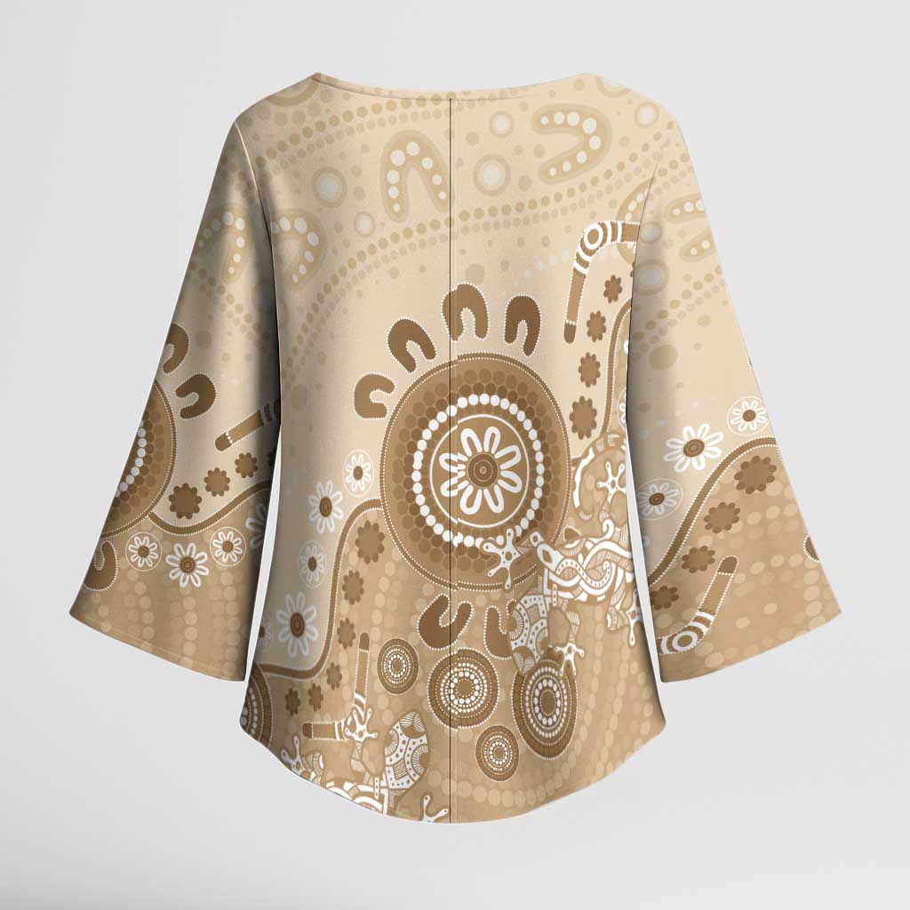 Beige Lizards Australia Kimono Sleeve Blouse Boomerang Indigenous Art - Aussie Hoodie