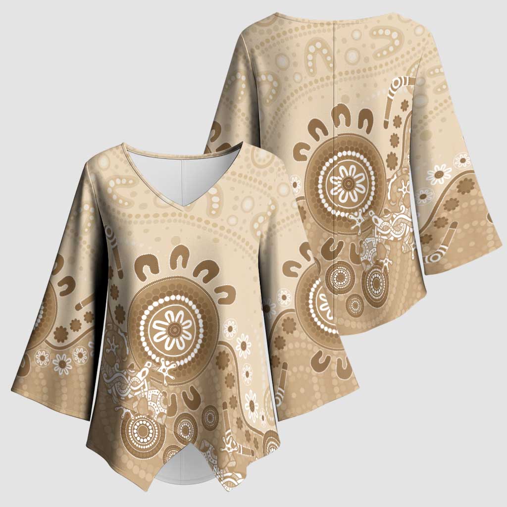 Beige Lizards Australia Kimono Sleeve Blouse Boomerang Indigenous Art - Aussie Hoodie