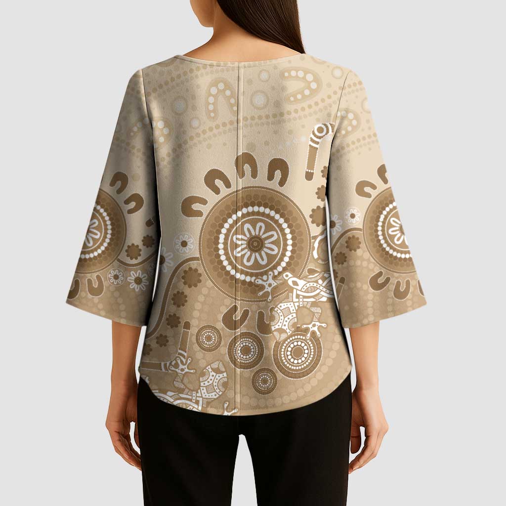 Beige Lizards Australia Kimono Sleeve Blouse Boomerang Indigenous Art - Aussie Hoodie
