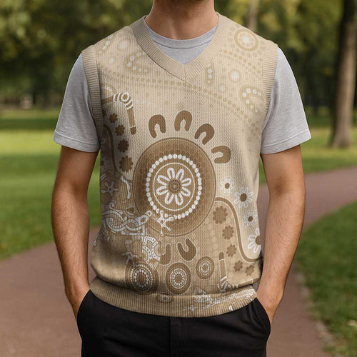 Beige Lizards Australia Christmas Knitted V-Neck Vest Boomerang Indigenous Art - Aussie Hoodie
