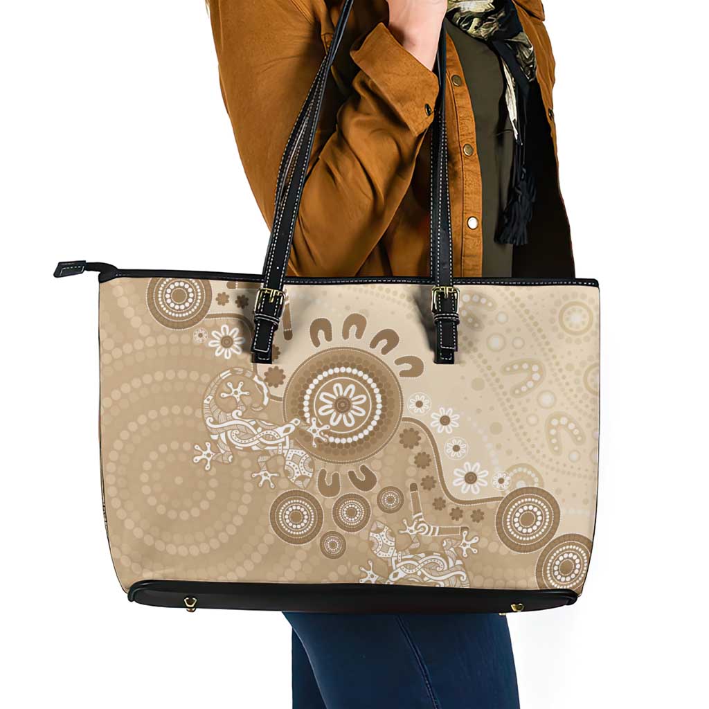 Beige Lizards Australia Leather Tote Bag Boomerang Indigenous Art - Aussie Hoodie