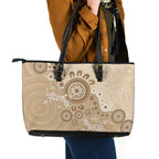 Beige Lizards Australia Leather Tote Bag Boomerang Indigenous Art - Aussie Hoodie